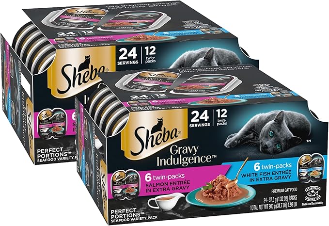 Sheba Gravy Indulgence Adult Wet Cat Food Salmon Entree and Whitefish Entree in Extra Gravy Variety Pack, 2.6 oz. Twin-Pack Trays, (12 Count, 24 Servings) (Pack of 2)