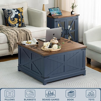 Farmhouse Coffee Table Sets 3 Pieces, Narrow Night Stand with Glass Barn Door Storage, Large Coffee Tables with Hidden Storage Organizer, Wood Furniture Sets for Living Room, Office, Blue