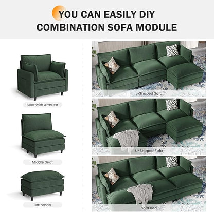 Apicizon 143" Cloud Souch Sectional, 4-Seat Deep Sofa Couch with Ottoman, Modern U Shape Sectional Cloud Sofa Corduroy for Living Room, Apartment, Office, Green