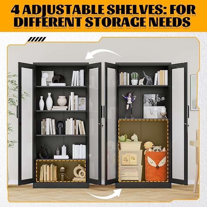 Metal Storage Cabinet with Lock and Glass Doors, Glass Display Cabinet
