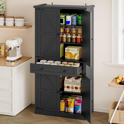 Pantry Organizers and Storage Cabinet, 70” Barn Door White Kitchen Cabinet