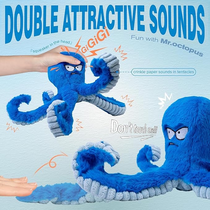 LEGEND SANDY Tough Dog Toys, Stuffed Chew Large Dog Toys to Keep Them Busy, Interactive Squeaky Tug of War Doggie Toy, Crinkle Blue Octopus (Blue Octopus 2p)