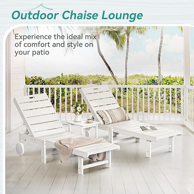 Homenjoy Outdoor Chaise Lounge Chairs with Table, 2-Piece, 26.8” Super Wide Lounge Chair Outdoor, HDPS Pool Chairs with 5 Positions, Patio Lounge Chair with Wheels for Pool,Lawn,Backyard, White