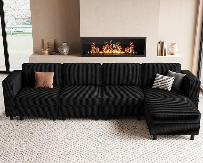 114.2" 5 Seater Modular Sofa with Deep Storage Seat,Corduroy Convertible L Shaped Sectional Couch,Modular Couch with Movable Ottoman Chaise,Upholstered Sectional Couches for Living Room,Black