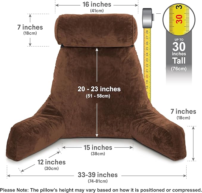 Husband Pillow XXL - Reading Pillow Bed Chair with Arms & Back Support - Chocolate - Back Pillow for Bed Sitting Up - BedRest Arm Pillow - Comfy Reading Pillow for Adults