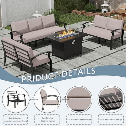 RTDTD Aluminum Outdoor Patio Furniture Set,4 Pieces 7 Seats Patio Conversation Sets with 45" Propane Fire Pit Table,Metal Patio Sectional Furniture Set w/5.1" Cushions for Porch,Deck,Backyard,Sand