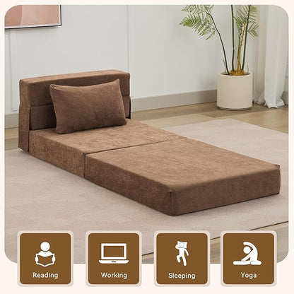 Folding Sofa Bed Convertible Floor Couch Foldable Chair Bed with Pillow，Linen Sleeper Chair Futon,Foldable Memory Foam Mattress for Bedroom/Living Room/Dorm/Office (Brown, Single)