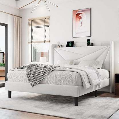 Queen Size Upholstered Bed Frame with Charging Station, Platform Bed Frame with Storage Headboard, Solid Wood Slats Support, No Box Spring Needed, White
