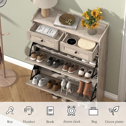 Shoe Cabinet with 2 Flip Drawers & 2 Storage Drawers, Rustic Farmhouse Narrow