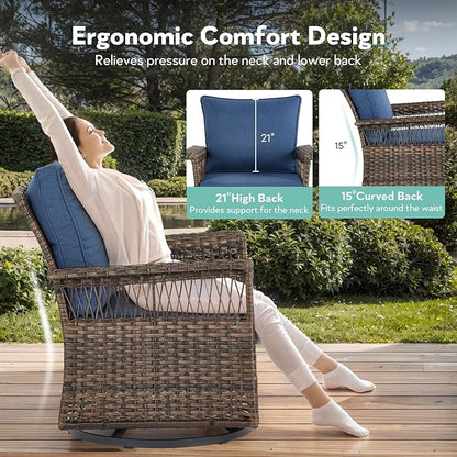Outdoor Swivel Glider Chairs - 3 Pieces Hollow Widen Armrests Wicker Patio Furniture Set with Side Table, High Back Outside Swivel Rocker for Balcony Porch Deck and Yard - Brown/Blue