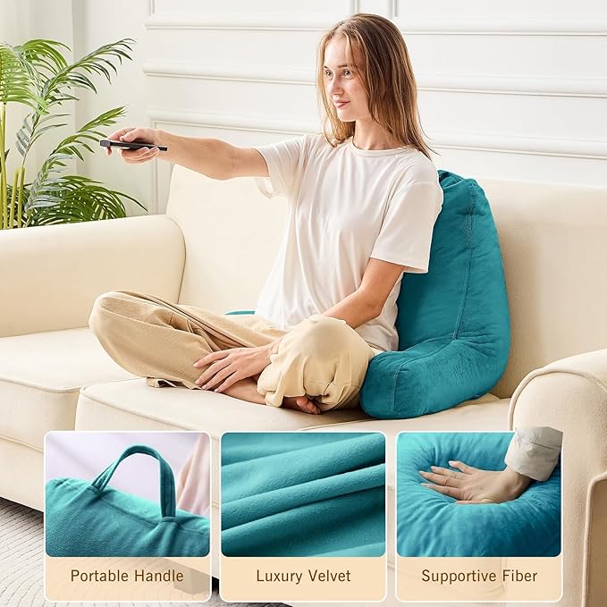 Sasttie Reading Pillow, Velvet Back Pillow for Bed Sitting Up, Adult Back-Rest Support Cushion with Arms for Sit Up on Couch, Sofa, and Floor, Dorm Essentials, Reading Accessories, Teal Blue