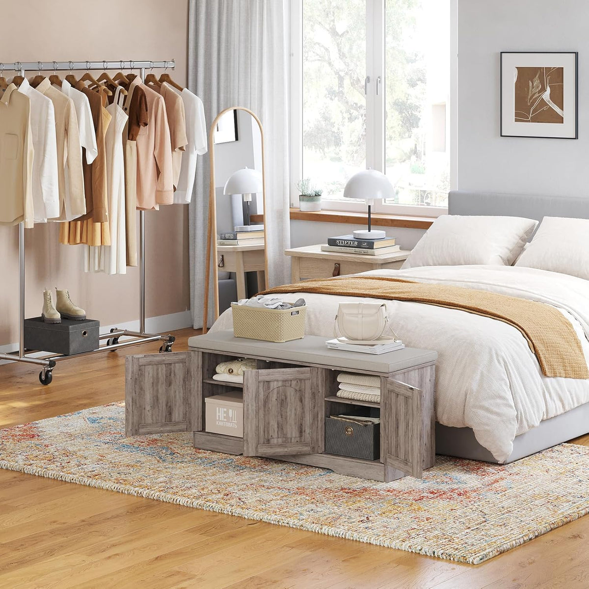 DINZI LVJ Shoe Bench, Entryway Storage Bench with Doors, Cushion, 2-Tier Shoe Rack with 6-Cubby, 39.4”L x 13.8”W Shoe Organizer Cabinet, Adjustable Shelf, Living Room, Bedroom, Greige