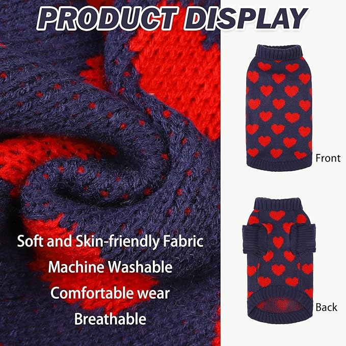 KOOLTAIL Cat Sweater Turtleneck- Soft Knit Cat Sweaters for Cats Only, Cat Christmas Sweater Red Heart Love Pattern Thick Warm Cold Weather Clothes for Small Medium Large Size Kitten Puppy Navy M