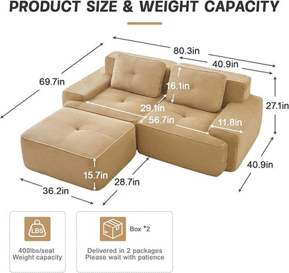 80" Modern Corduroy Boneless Love Seat Couches with 1 Ottoman, 2 Seater Large Sectional Couches for Living Room, Camel Cloud Modular Sectional Sofa, Memory Foam, Extra Deep Loveseat, No Assembly