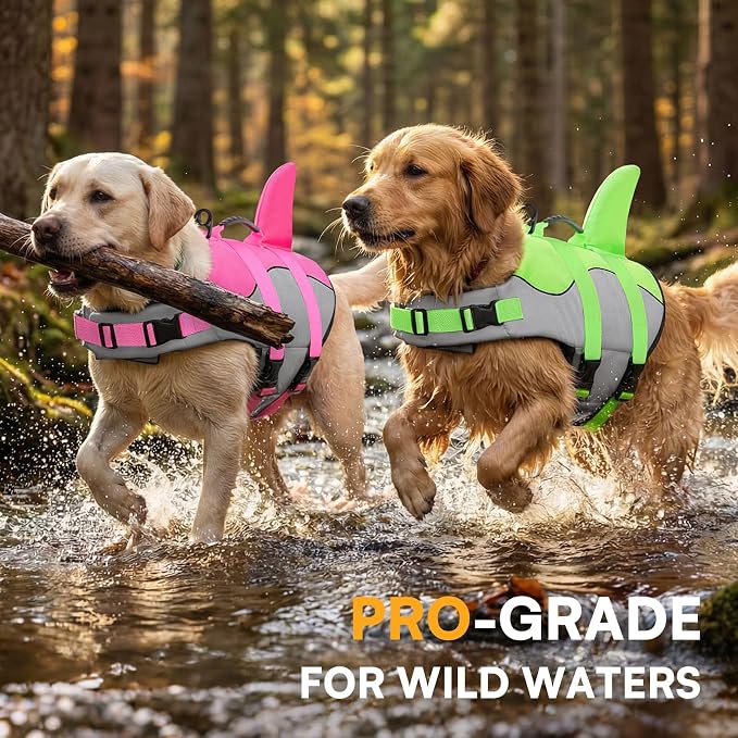 Dog Life Jacket Ripstop Shark Dog Safety Vest Adjustable Preserver with High Buoyancy and Durable Rescue Handle for Small,Medium,Large Dogs, Green Shark Small