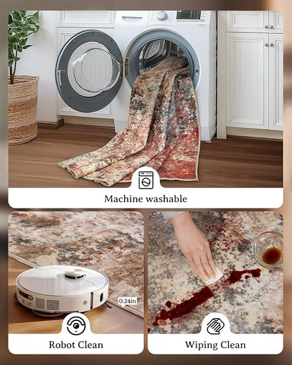 Washable Area Rug for Living Room: 6x9 Modern Abstract Neutral Soft Rug for Bedroom Dining Room No Slip Low Pile Carpet for Nursery Home Office - Red/Ivory