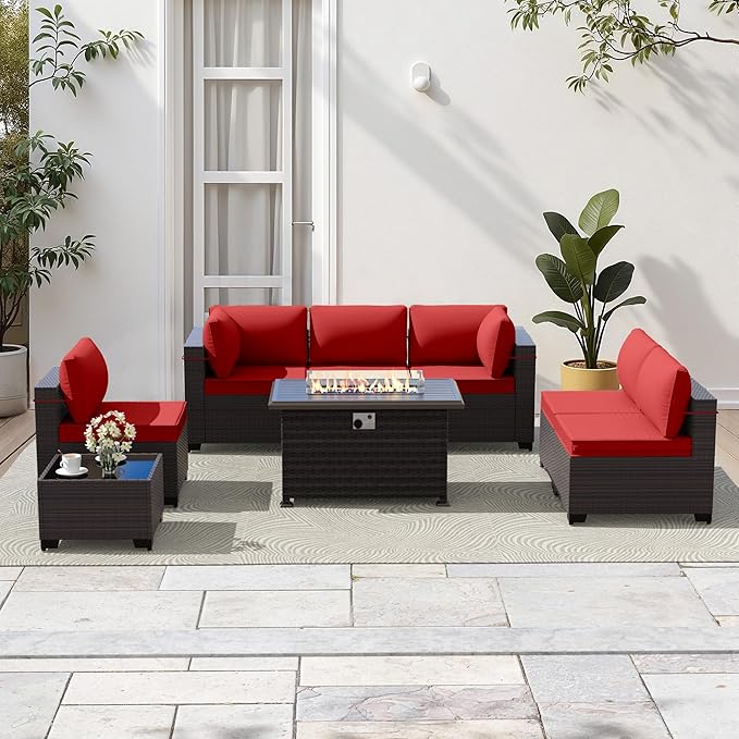 Gotland 8 Pieces Patio Furniture Set with Fire Pit Table, All Weather Rattan Outdoor Furniture with 29.5'' High Backrest 4’’ Thick Cushions Coffee Table, Outdoor Sectional for Porch, Deck, Red
