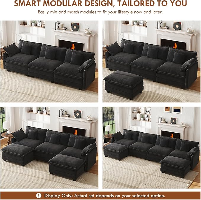 WorthFurni 111.4” Modular Sectional Sofa, U Shape Cloud Couch with 2 Movable Ottoman, Comfy Chenille Deep Seat Sofa with Soft Pillows for Living Room Apartment (Black)