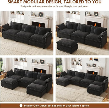 WorthFurni 111.4” Modular Sectional Sofa, U Shape Cloud Couch with 2 Movable Ottoman, Comfy Chenille Deep Seat Sofa with Soft Pillows for Living Room Apartment (Black)