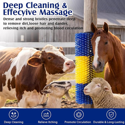 3 Pack Livestock Scratching Brush, Yellow and Blue | Animal Scratcher, Itch Relief Grooming, Horse Goat Cow Scratcher, Fence Post Mounting, Durable Bristles, Farm Livestock Care