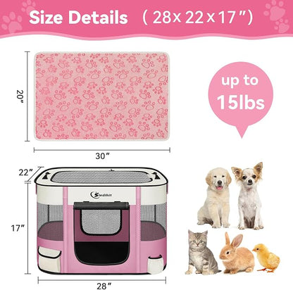 Siedihit Dog Playpen, Cat Pet Puppy Crate, Portable Playpens Indoor Outdoor (Pink with Blanket, Small)