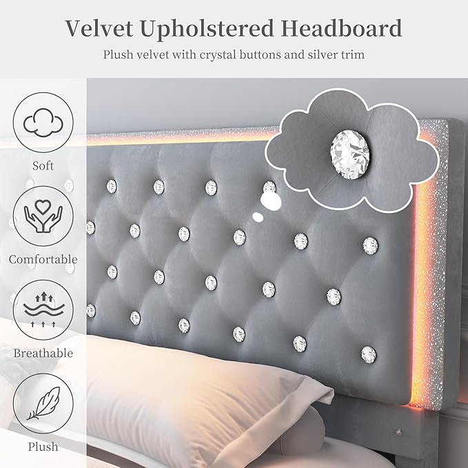 Queen Led Bed Frame with 2 Drawers, Storage Platform Queen Size Upholstered Bed Frames with Crystal Button Tufted Headboard, Solid Slats Support, Noise Free, No Box Spring Needed, Velvet Grey