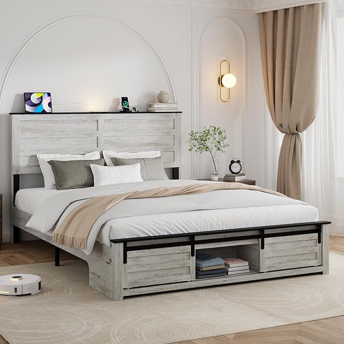 Full Size Bed Frame with Wood Headboard, Wooden Platform Bedframe with Sliding Barn Door Footboard and Charging Station Easy Assembly, No Box Spring Needed (Boho White, Full)