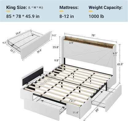 Allewie King Size Velvet Bed Frame with 3 Storage Drawers, Upholstered Platform Bed with Wingback Storage Headboard and USB Ports, No Box Spring Needed, Easy Assembly, White