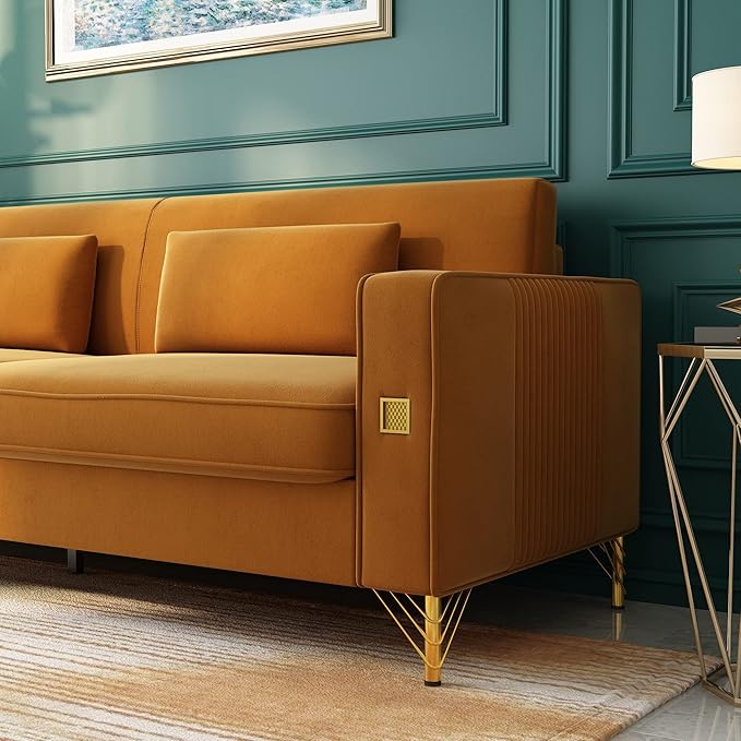 2PCS 85.63" Orange Velvet Sofa,Modern Loveseat Couch with Pillows Set of 2 for Living Room,Bedroom,Apartment Furniture with Gold Metal Legs