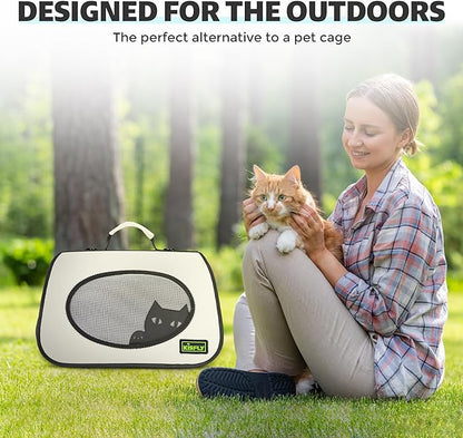 Cat Carrier Purses for Women, Airline Approved Pet Travel Bag for Cats, Kittens, Rabbits up to 10 lbs - Collapsible, Soft-Sided,16x10x10 in, Breathable Mesh with Kitty Pattern, Collar and Leash, Cream