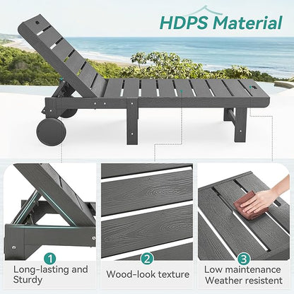 Outdoor Chaise Lounge Chairs with Table, 6-Piece, 26.8” Super Wide Lounge Chair Outdoor, HDPS Pool Chairs with 5 Positions, Patio Lounge Chair with Wheels for Pool,Lawn,Backyard, Dark Gray