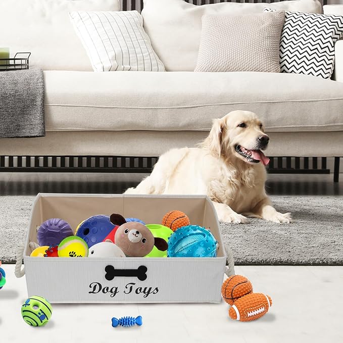 Geyecete Large Dog Toys Storage Bins-Foldable Fabric Trapezoid Organizer Boxes with Cotton Handle,Can be Personalized,Collapsible Basket(Beige-Dog)