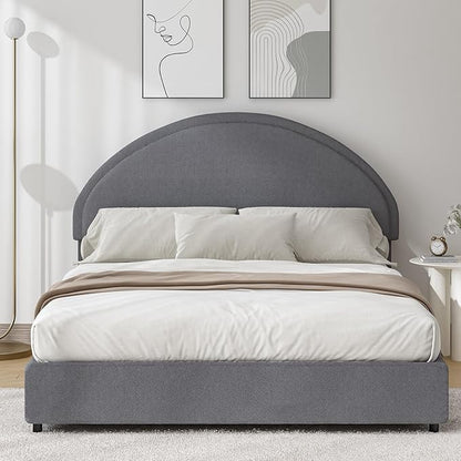 Full Size Bed Frame, Upholstered Platform Bed with Headboard, Boucle Bed Frame with Round Conner, No Box Spring Required, Easy Assembly, Grey