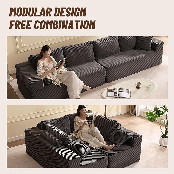 138" Modular Sofa Memory Foam Sectional Couches for Living Room, Sleeper Sofa Bed, Corduroy, Grey