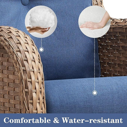 Belord Wicker Outdoor Furniture Patio Furniture Set - 6 Piece Patio Conversation Set with Swivel Rocker Chairs, Rattan Sofa, Ottomans and Coffee Table, Blue Cushion