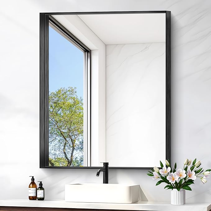 Black Bathroom Mirror, 30x36 Inch Rectangular Framed Mirror, Large Wall Mounted