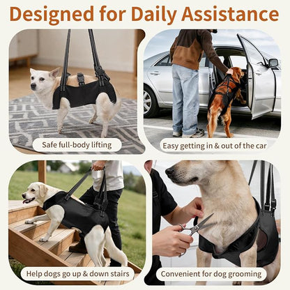 Full Body Dog Lift Harness, Support Senior & Disabled Dogs Walking | Help Up & Down Stairs Grooming, Dog Sling Backpack, Front Hind Leg Joint Injuries, Reflective, Soft Padded Handle | Black, XL