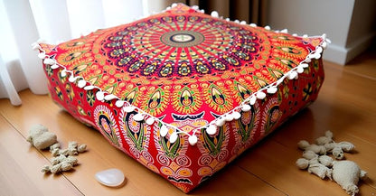 CRAFT KALA Red Peacock Large Hippie Mandala Meditation Floor Ottoman Pillow Cushion Pouf Cover Square Poufs Bohemian Circle Floor Cushion Case Outdoor Fireplace Yoga Living Room Decor Cover 16" Square