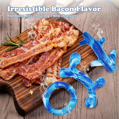 3Pack Dog Toys for Aggressive Chewers Dog Chew Toy Tough Dog Toys to Keep Them Busy Bacon Flavor Teething Chew Toys & Dental Health for Large Medium Small Breeds (Blue)