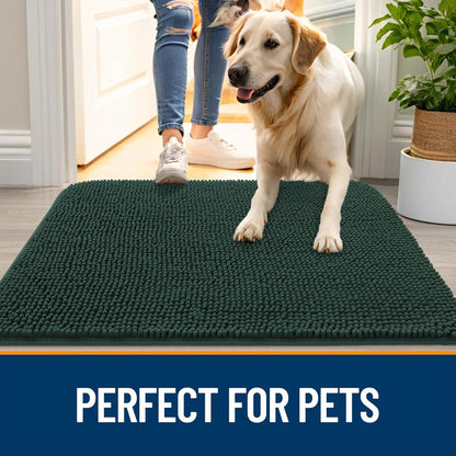 OLANLY Dog Door Mat for Muddy Paws 70x32, Absorbs Moisture and Dirt, Absorbent Non-Slip Washable Doormat, Quick Dry Chenille Mud Mat, Entry Indoor Entryway Carpet for Inside Floor, Blackish Green