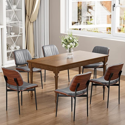 YaFiti Dining Chairs Set of 8, Dining Room and Kitchen Chairs, Mid Century Modern Accent Chair, Upholstered PU Leather Chairs for Vanity with Walnut Bentwood and Metal Legs, Gray