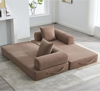 Convertible Folding Mattress Couch, Comfy Corduroy Sleeper Floor Sofa Bed with Fixed-Shape Frame, Floor Sofa with Armrest, Lounge Couch for Living Room Bedroom Lounge Studio,Brown