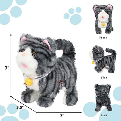 Easfan 7" Walking Plush Kitty Toy Stuffed Animal Electric Interactive Talking Musical Plush Toy Grey Cat Leash Tail Wagging Christmas Birthday Gifts for Kids Toddlers