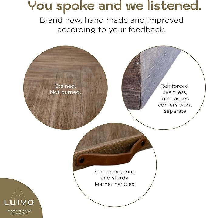 LUIYO Large Ottoman Wood Tray- with Leather Handle Decorative Wooden 24 x 24 x1.5 Inches Square Serving Tray Best for Coffee Table, Living Room and Kitchen (Large 24 * 24)