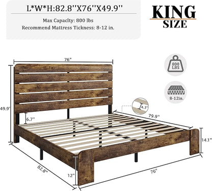 King Size Wooden Bed Frame with Headboard, Rustic Farmhouse Platform Bedframe with Wood Slat Support, Sturdy and No Noise, Easy Assembly (Brown, King)