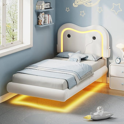 Twin Size Floating Bed Frame with LED Lights, Velvet Upholstered Headboard Bed Frame for Kids/Girls, Rounded Corners, Charging Station, No Box Spring Needed, White