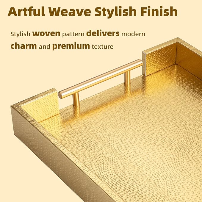 2 Piece Woven Leather Ottoman Tray with Gold Handles, Perfect Rectangular Serving Tray for Living Room, Coffee Table Home Decor Enthusiasts (Golden)