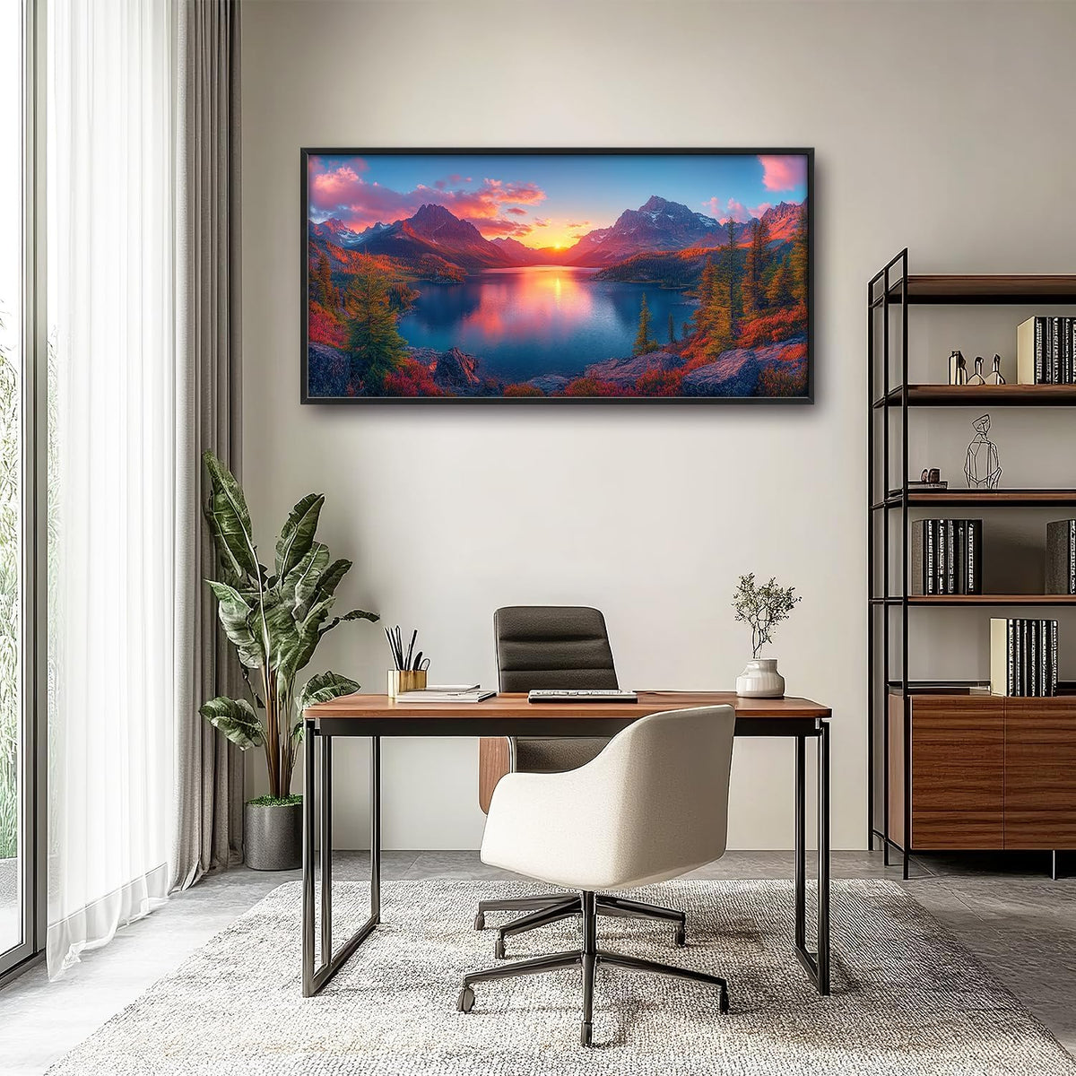 Large Lake Mountain Landscape Wall Art for Living Room, Nature Sunrise Canvas Oversized Wall Decor, River Forest Scenery Framed Pictures Painting Print Artwork for Bedroom Office 60"L x 30"W