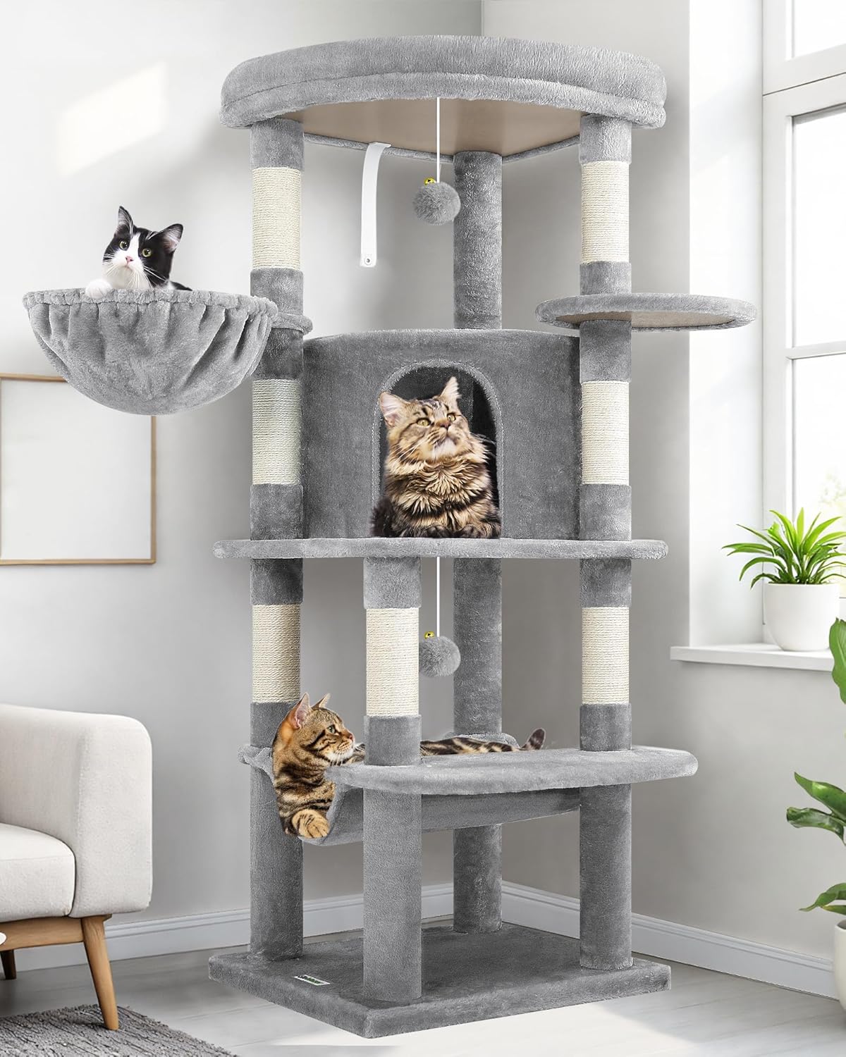 Globlazer Corner Cat Tree Tower for Indoor Cats, 51in Multi-Level Cat Condo Tower with Large Hammock, 7 Sisal Scratching Posts, Oversized Top Perch, Spacious Cat Cave, Hanging Basket, C51, Light Gray