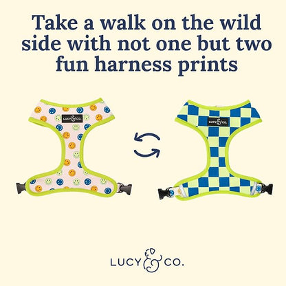 Lucy & Co. Reversible Dog Harness - Water-Repellent Neoprene, Dual-Print Design, Easy Swap Style, Adjustable Comfort Fit - Have a Nice Day Reversible Harness - Small